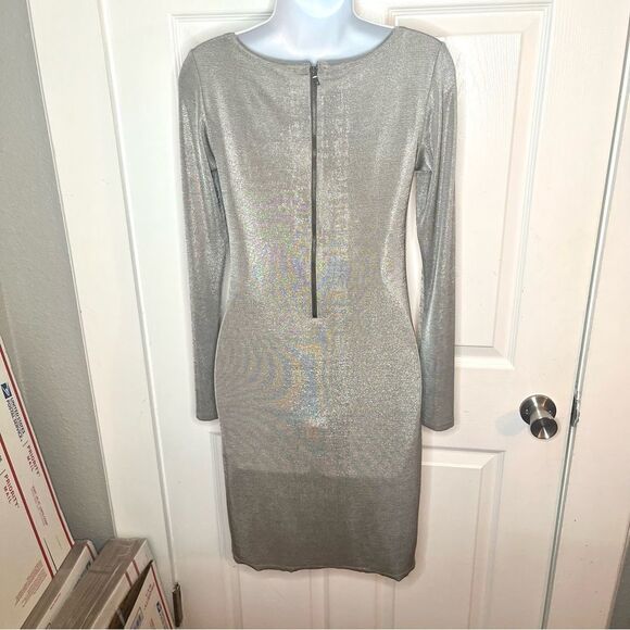 Alice + Olivia Champagne Silver Tabitha Bodycon Mini Dress Long Sleeve Shimmer S - Picture 8 of 10
